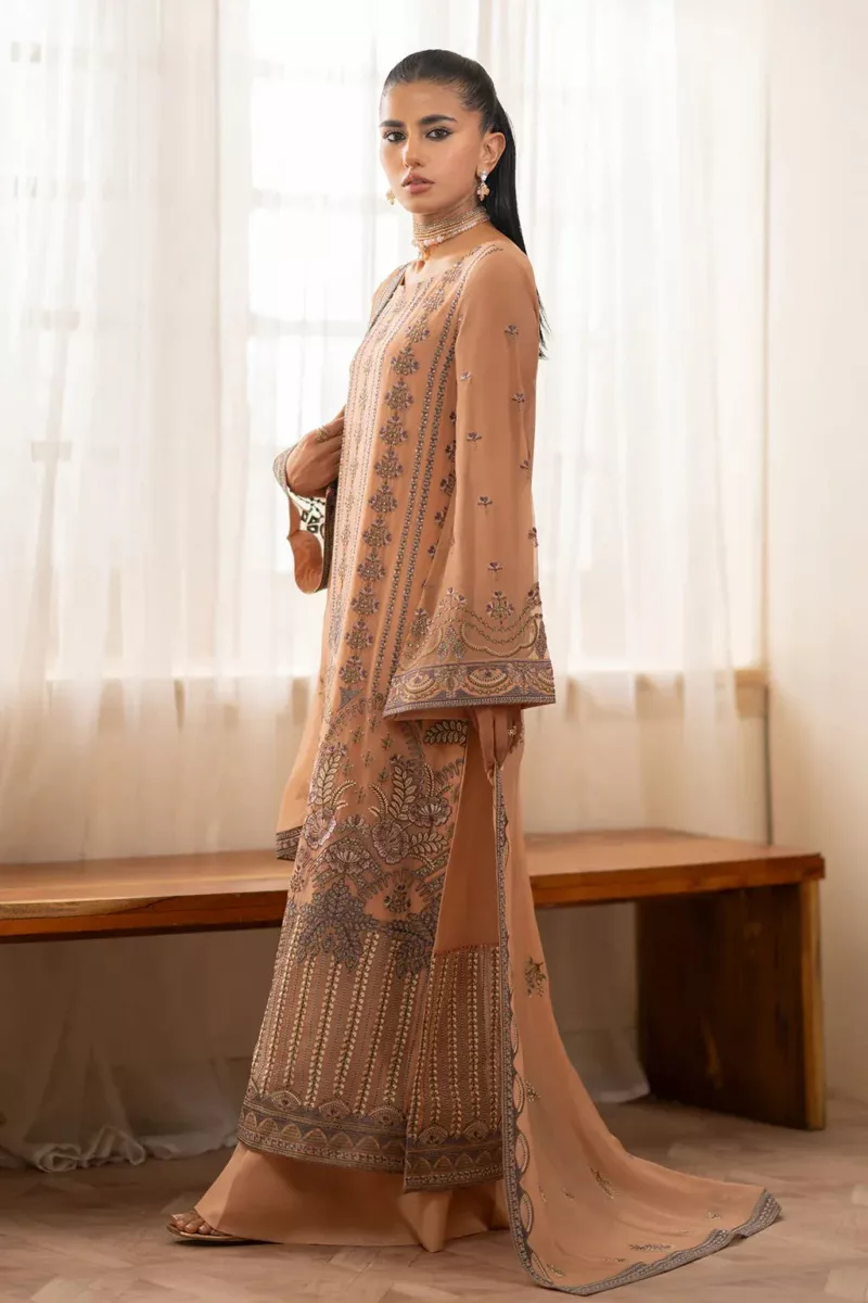 Peach Brown Chiffon Unstitched Long Suit with Rich Fancy Embroidery - Patel Brothers NX 6