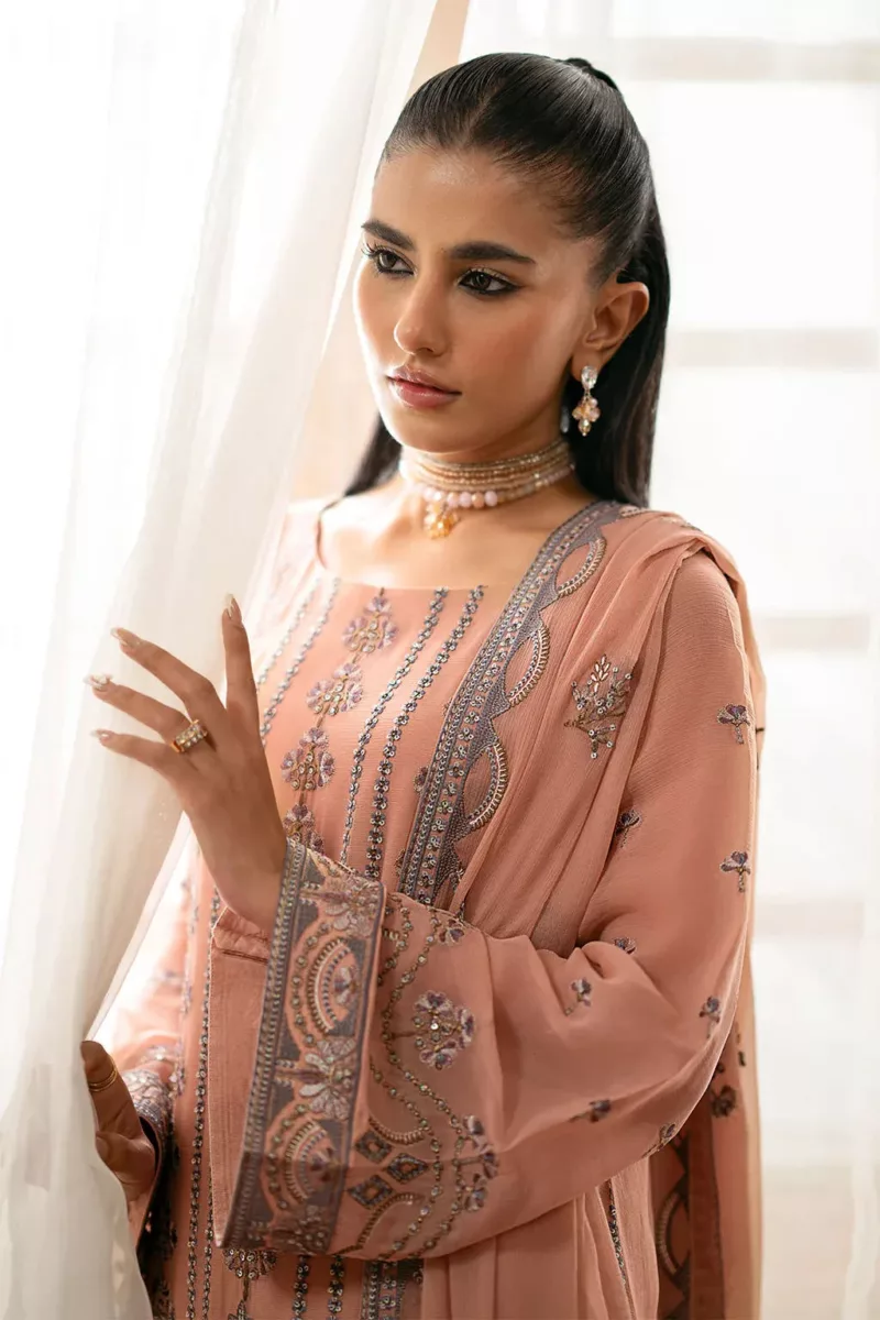 Peach Brown Chiffon Unstitched Long Suit with Rich Fancy Embroidery - Patel Brothers NX 4