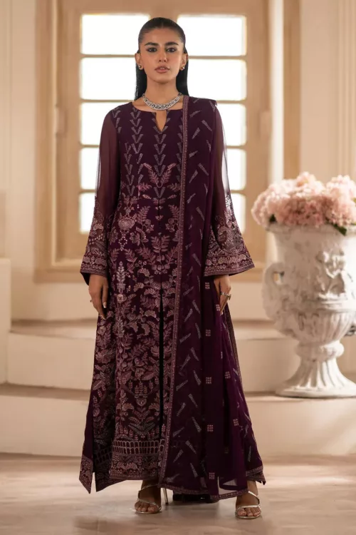 Deep Purple Wine Chiffon Unstitched Suit with Rich Fancy Embroidery - Patel Brothers NX