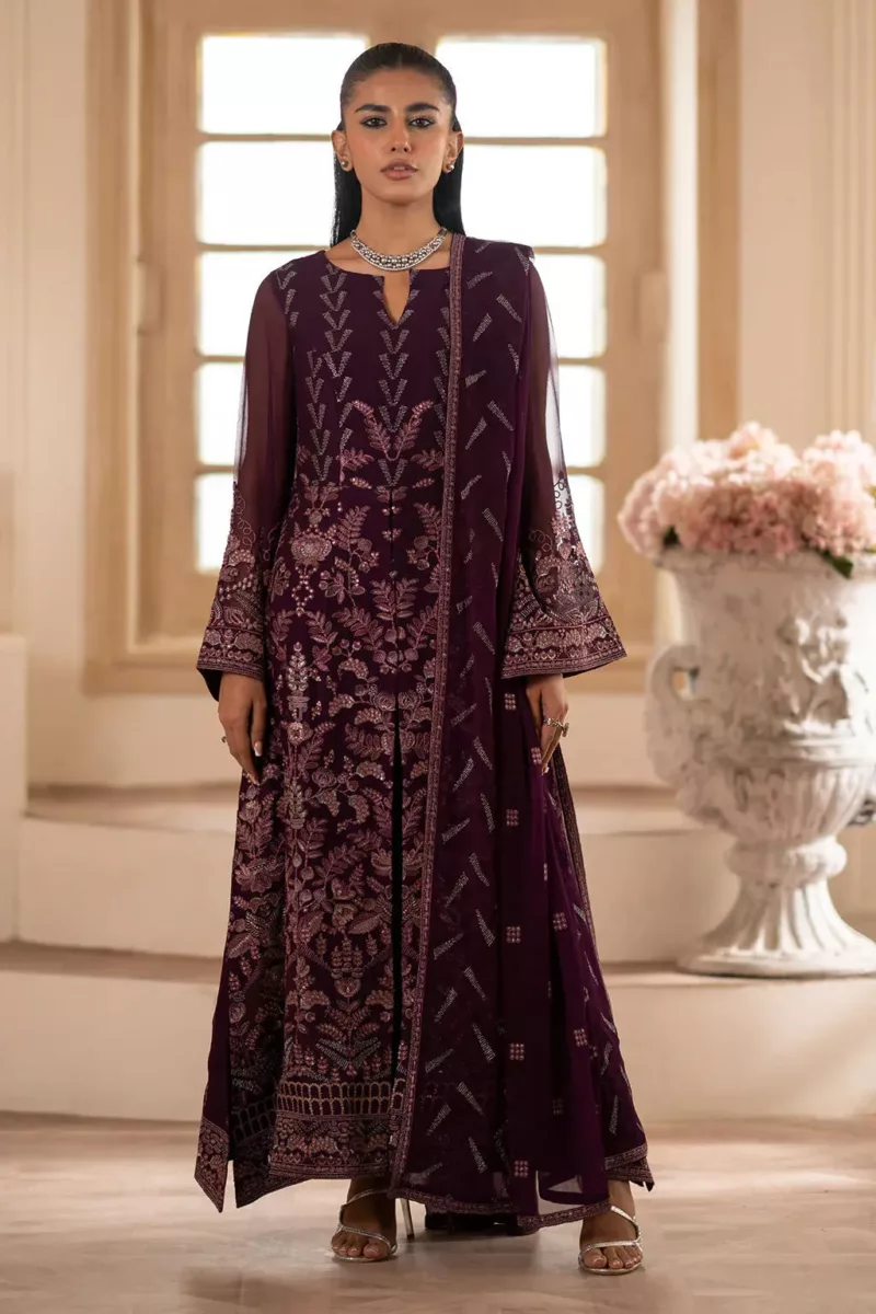 Deep Purple Wine Chiffon Unstitched Suit with Rich Fancy Embroidery - Patel Brothers NX 3