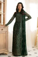 Dark Bottle Green Chiffon Unstitched Long Suit with Rich Fancy Embroidery - Patel Brothers NX 7