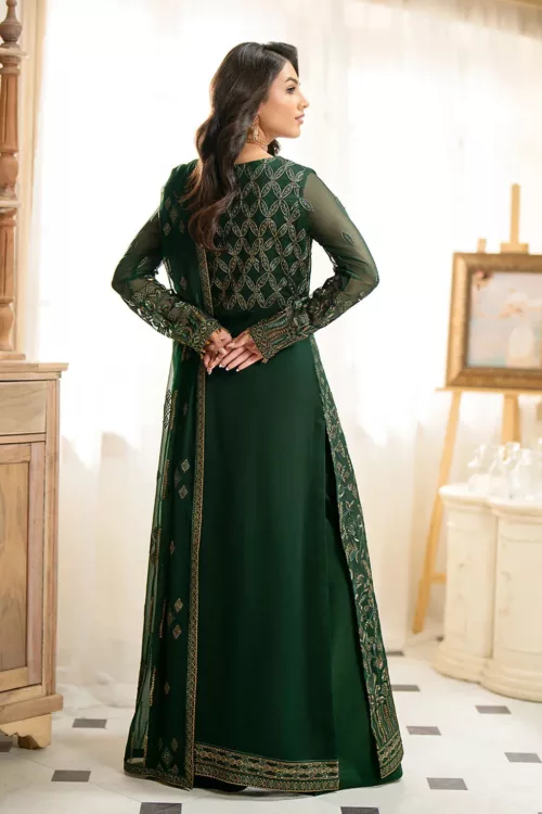 Dark Bottle Green Chiffon Unstitched Long Suit with Rich Fancy Embroidery - Patel Brothers NX 3