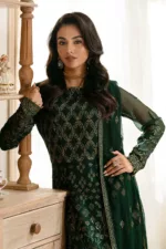 Dark Bottle Green Chiffon Unstitched Long Suit with Rich Fancy Embroidery - Patel Brothers NX 8