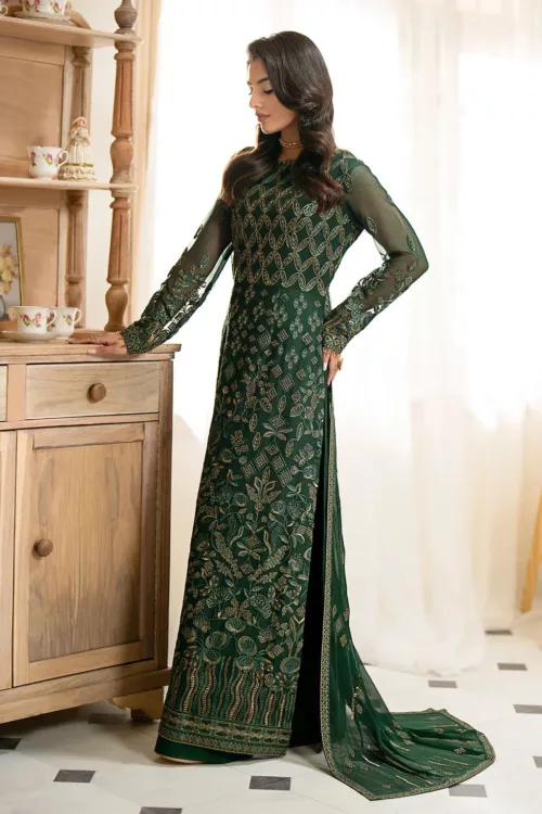 Dark Bottle Green Chiffon Unstitched Long Suit with Rich Fancy Embroidery - Patel Brothers NX 4