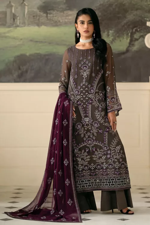 Dark Grayish Brown Chiffon Unstitched Suit with Elegant Embroidery - Patel Brothers NX