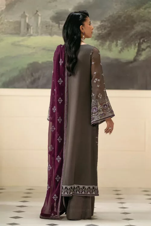 Dark Grayish Brown Chiffon Unstitched Suit with Elegant Embroidery - Patel Brothers NX 2