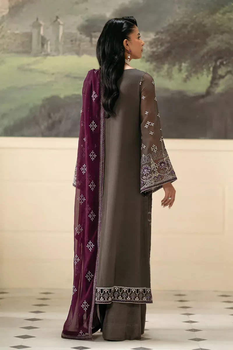 Dark Grayish Brown Chiffon Unstitched Suit with Elegant Embroidery - Patel Brothers NX 4