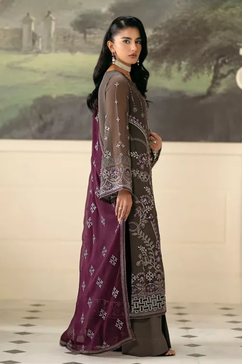 Dark Grayish Brown Chiffon Unstitched Suit with Elegant Embroidery - Patel Brothers NX 4