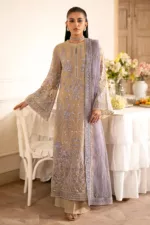 Ivory Brown Chiffon Unstitched Suit with Floral Embroidery - Patel Brothers NX 8