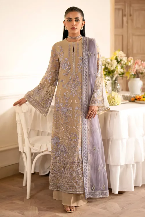 Ivory Brown Chiffon Unstitched Suit with Floral Embroidery - Patel Brothers NX