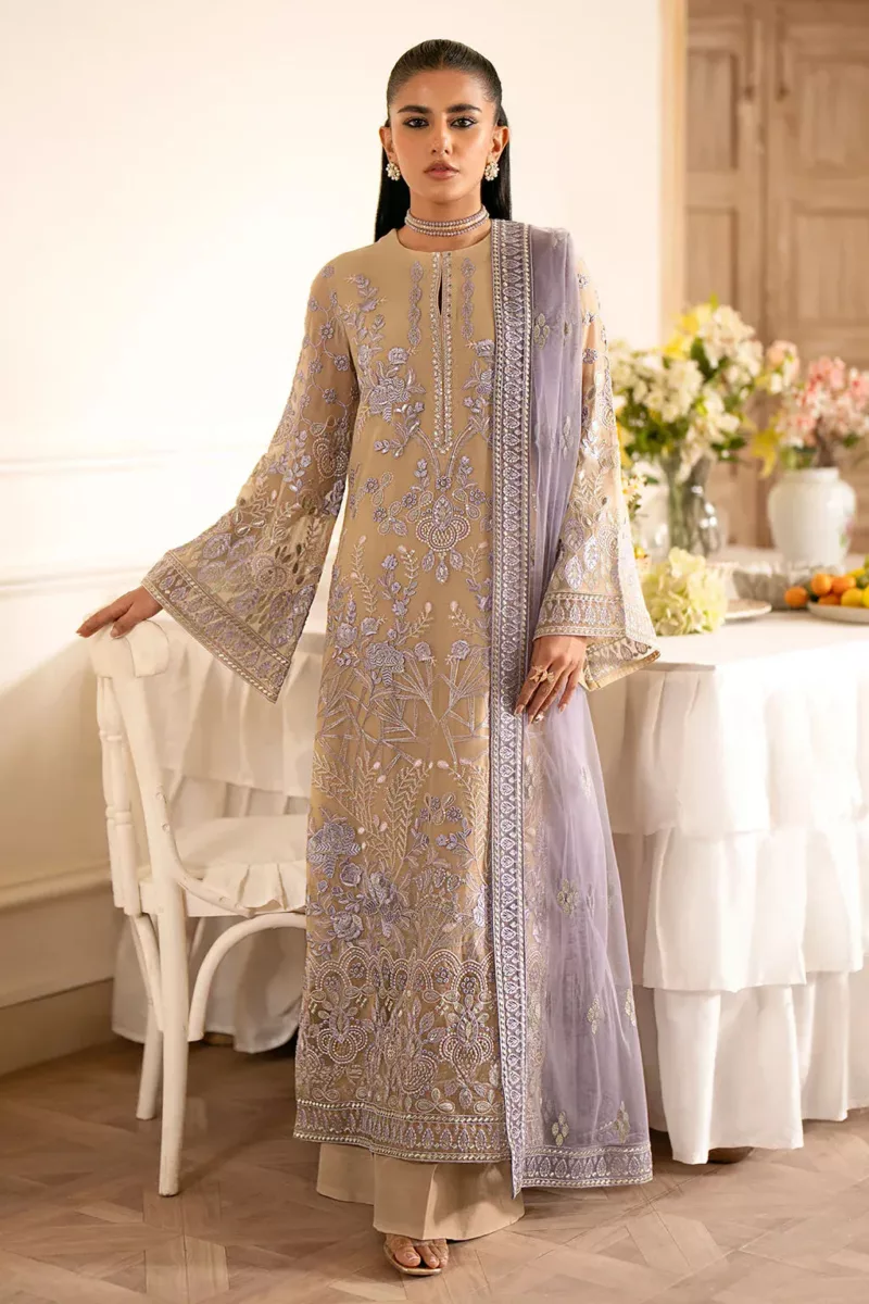 Ivory Brown Chiffon Unstitched Suit with Floral Embroidery - Patel Brothers NX 3