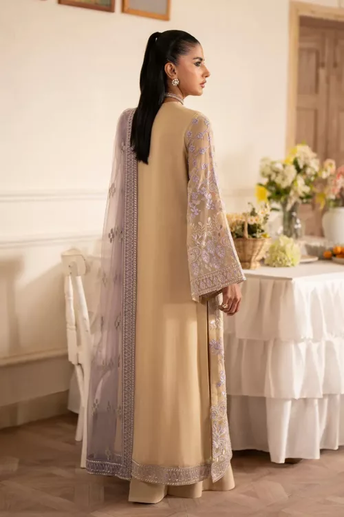 Ivory Brown Chiffon Unstitched Suit with Floral Embroidery - Patel Brothers NX 2