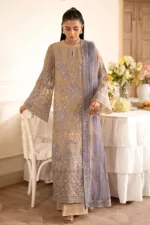 Ivory Brown Chiffon Unstitched Suit with Floral Embroidery - Patel Brothers NX 12