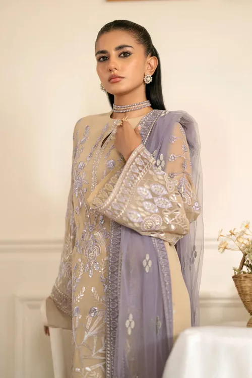 Ivory Brown Chiffon Unstitched Suit with Floral Embroidery - Patel Brothers NX 3