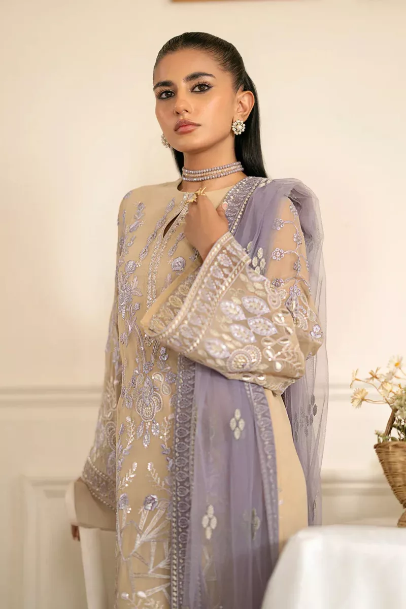 Ivory Brown Chiffon Unstitched Suit with Floral Embroidery - Patel Brothers NX 5