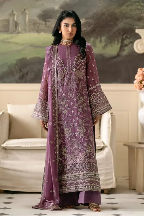 Dark Lilac Chiffon Unstitched Suit with Intricate Modern Embroidery - Patel Brothers NX