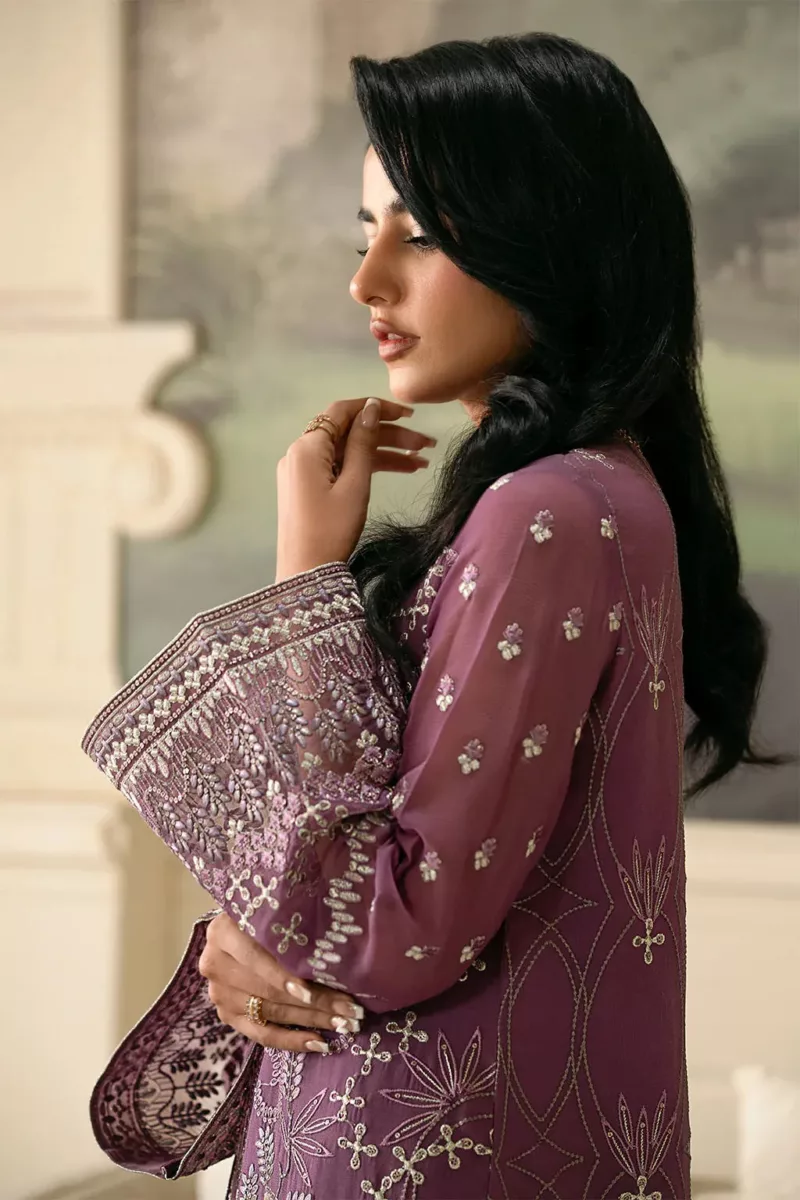 Dark Lilac Chiffon Unstitched Suit with Intricate Modern Embroidery - Patel Brothers NX 5