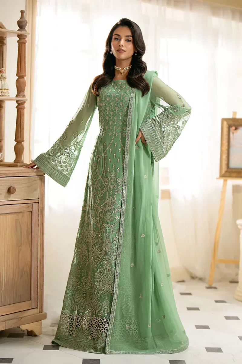 Whisper Mint Chiffon Unstitched Suit with Intricate Embroidery in Classic Style - Patel Brothers NX 3