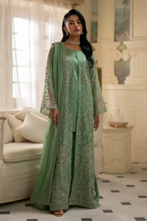 Whisper Mint Chiffon Unstitched Suit with Intricate Embroidery in Classic Style - Patel Brothers NX 2