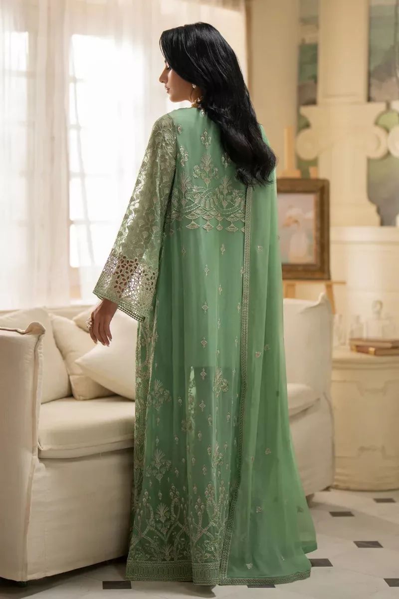 Whisper Mint Chiffon Unstitched Suit with Intricate Embroidery in Classic Style - Patel Brothers NX 7