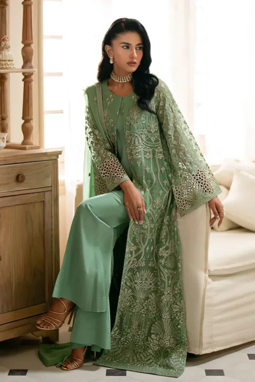 Whisper Mint Chiffon Unstitched Suit with Intricate Embroidery in Classic Style - Patel Brothers NX 4