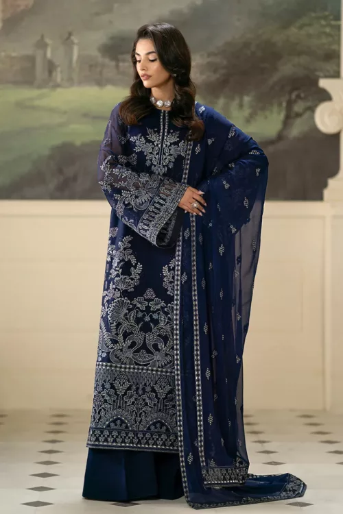 Elegant Dark Navy Blue Pakistani Unstitched Pure Chiffon Suit with Exquisite Floral Embroidery - Patel Brothers NX 2