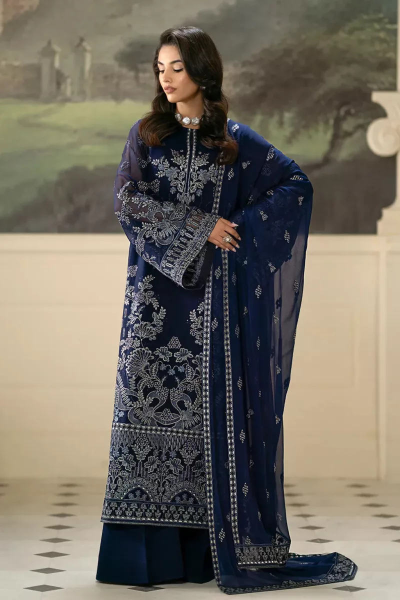 Elegant Dark Navy Blue Pakistani Unstitched Pure Chiffon Suit with Exquisite Floral Embroidery - Patel Brothers NX 4