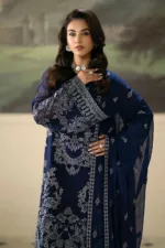 Elegant Dark Navy Blue Pakistani Unstitched Pure Chiffon Suit with Exquisite Floral Embroidery - Patel Brothers NX 13