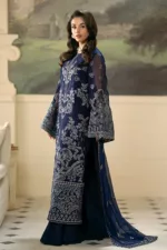 Elegant Dark Navy Blue Pakistani Unstitched Pure Chiffon Suit with Exquisite Floral Embroidery - Patel Brothers NX 10