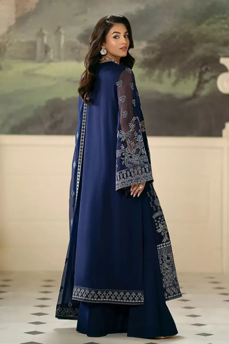 Elegant Dark Navy Blue Pakistani Unstitched Pure Chiffon Suit with Exquisite Floral Embroidery - Patel Brothers NX 9