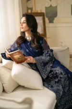 Elegant Dark Navy Blue Pakistani Unstitched Pure Chiffon Suit with Exquisite Floral Embroidery - Patel Brothers NX 14