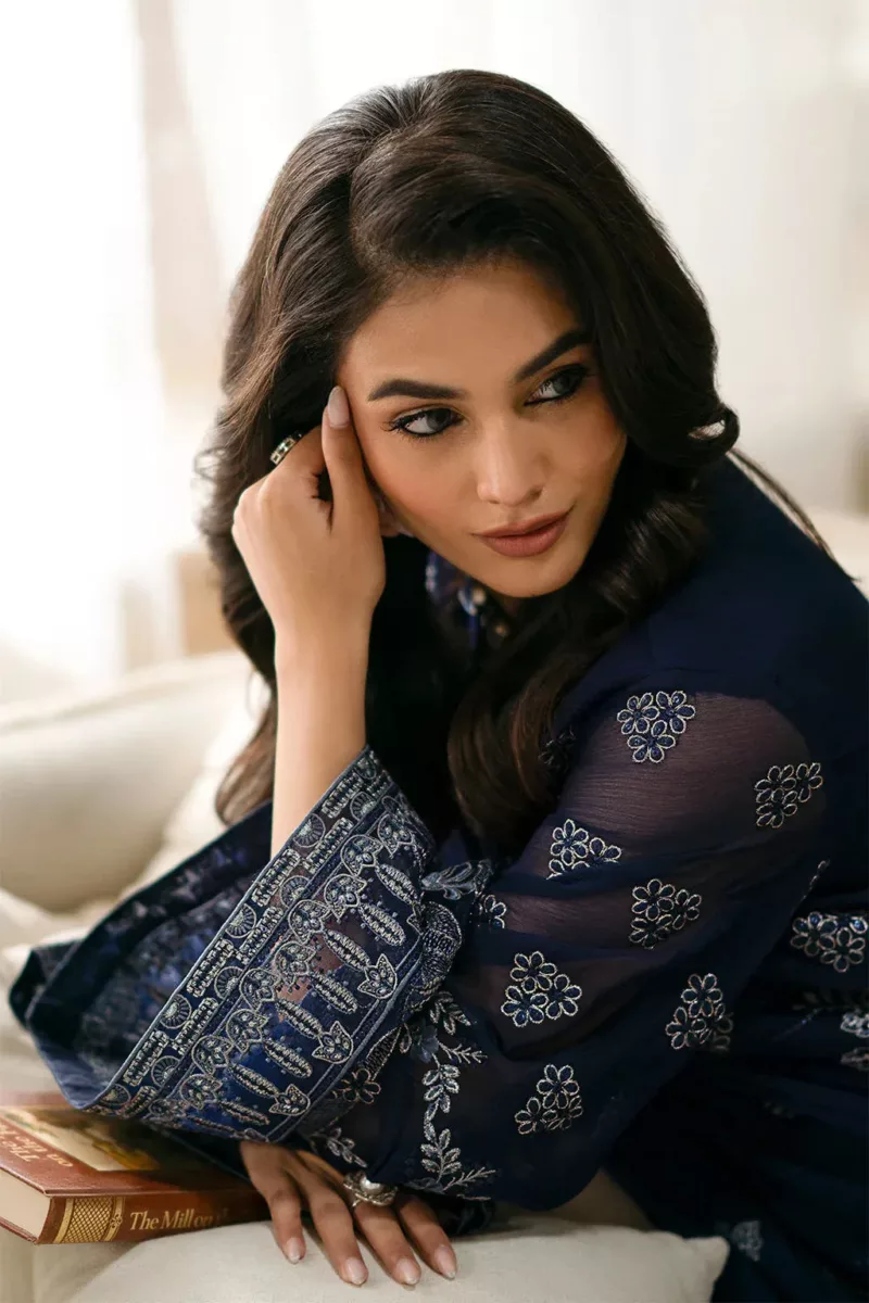 Elegant Dark Navy Blue Pakistani Unstitched Pure Chiffon Suit with Exquisite Floral Embroidery - Patel Brothers NX 8