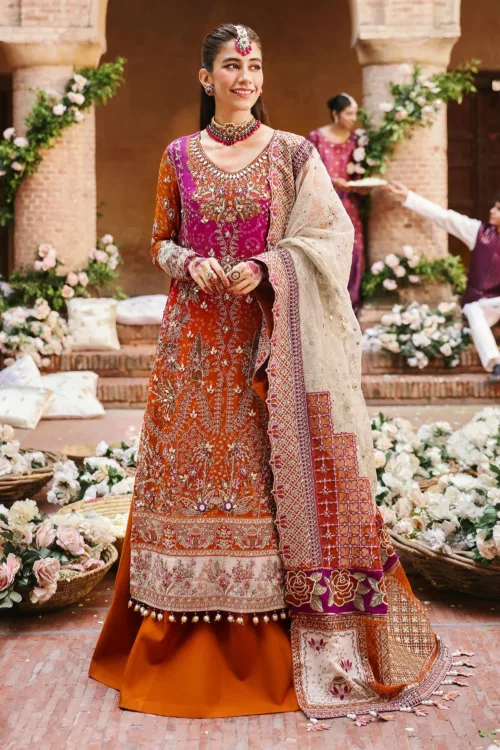 Nureh Unstitched Pakistani Suit – NL-66 BANO (Shaded Pink to Tangerine) - Patel Brothers NX