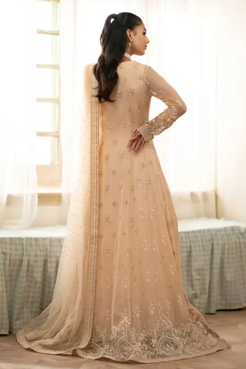 Peach Chiffon Embroidered Long Unstitched Suit with Intricate Detailing - Patel Brothers NX 3