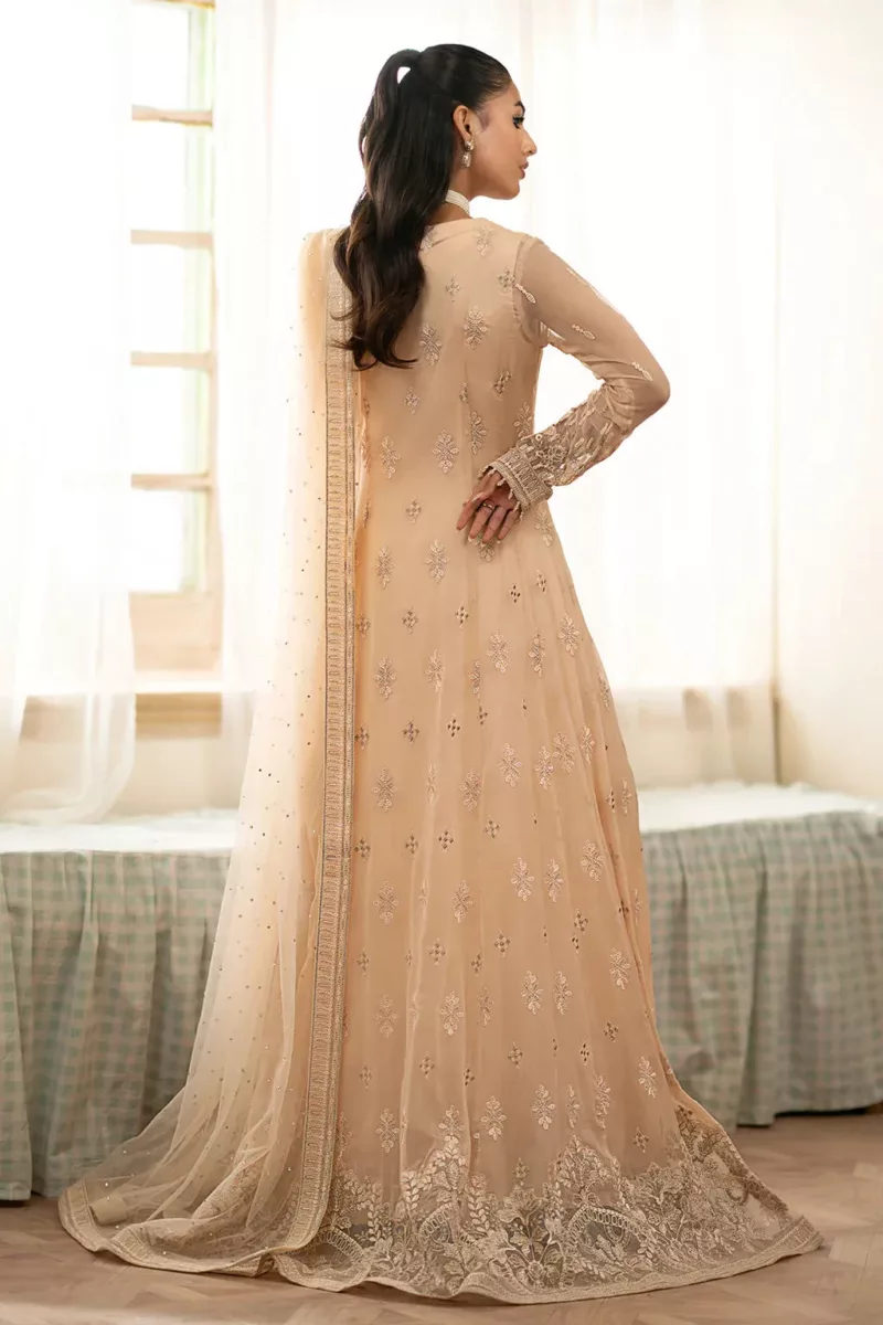 Peach Chiffon Embroidered Long Unstitched Suit with Intricate Detailing - Patel Brothers NX 5