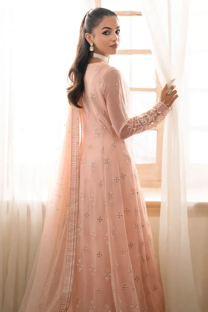 Peach Chiffon Embroidered Long Unstitched Suit with Intricate Detailing - Patel Brothers NX 8