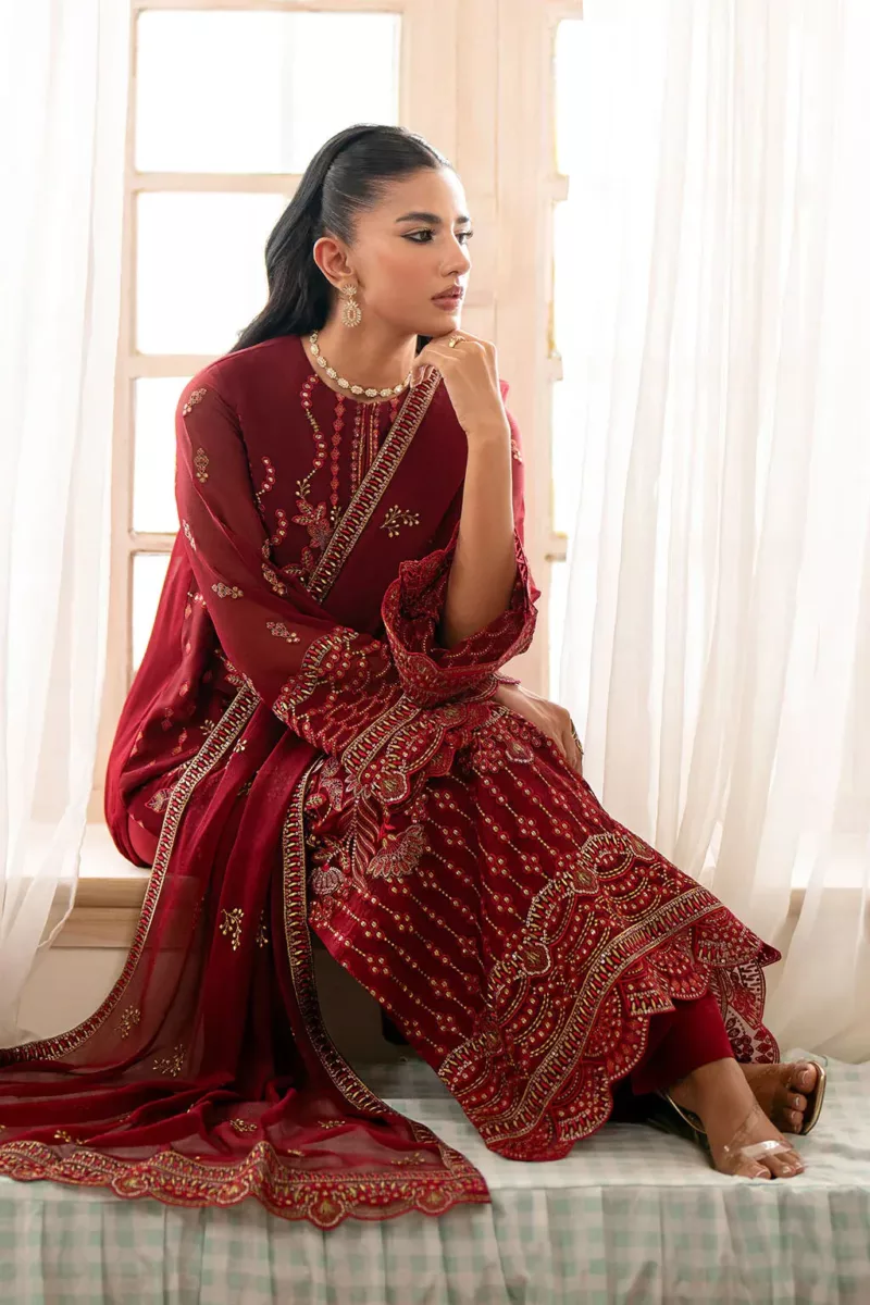 Persian Red Chiffon Unstitched Suit with Rich Fancy Embroidery - Patel Brothers NX 5