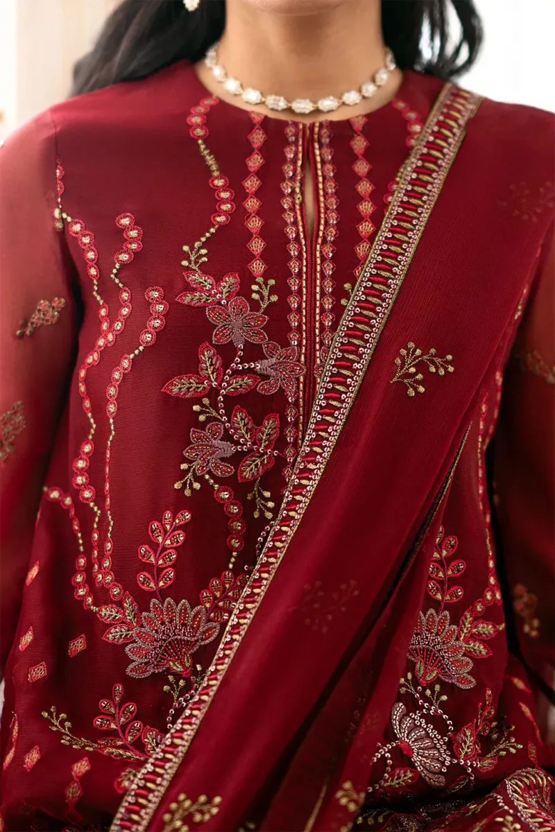 Persian Red Chiffon Unstitched Suit with Rich Fancy Embroidery - Patel Brothers NX 7