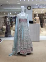 Aqua Sky Blue Net Fabric Heavy Multi-Colored Embroidered Indo-Western Bridal Gown PB-1201 - Patel Brothers NX 7