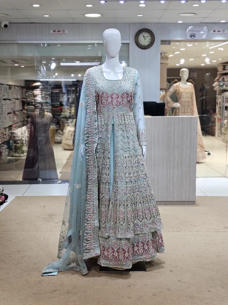 Aqua Sky Blue Net Fabric Heavy Multi-Colored Embroidered Indo-Western Bridal Gown PB-1201 - Patel Brothers NX 3