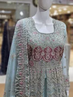 Aqua Sky Blue Net Fabric Heavy Multi-Colored Embroidered Indo-Western Bridal Gown PB-1201 - Patel Brothers NX 8