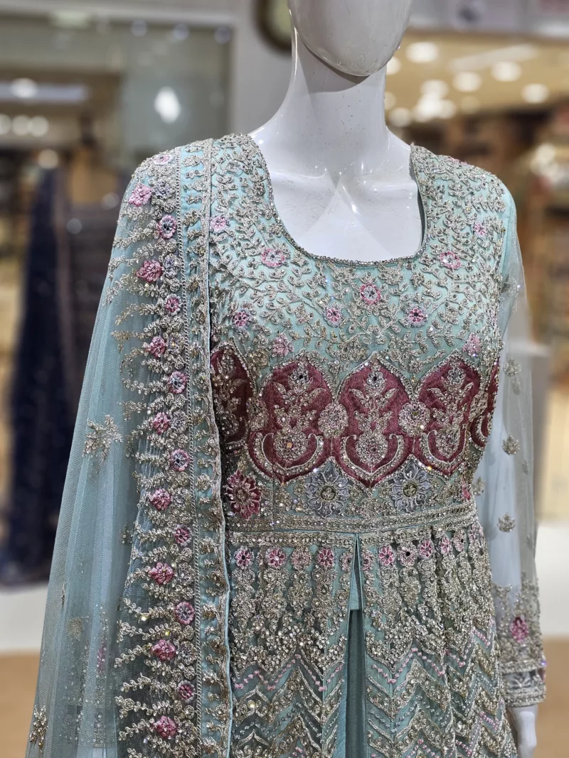 Aqua Sky Blue Net Fabric Heavy Multi-Colored Embroidered Indo-Western Bridal Gown PB-1201 - Patel Brothers NX 4