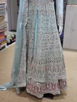 Aqua Sky Blue Net Fabric Heavy Multi-Colored Embroidered Indo-Western Bridal Gown PB-1201 - Patel Brothers NX 9