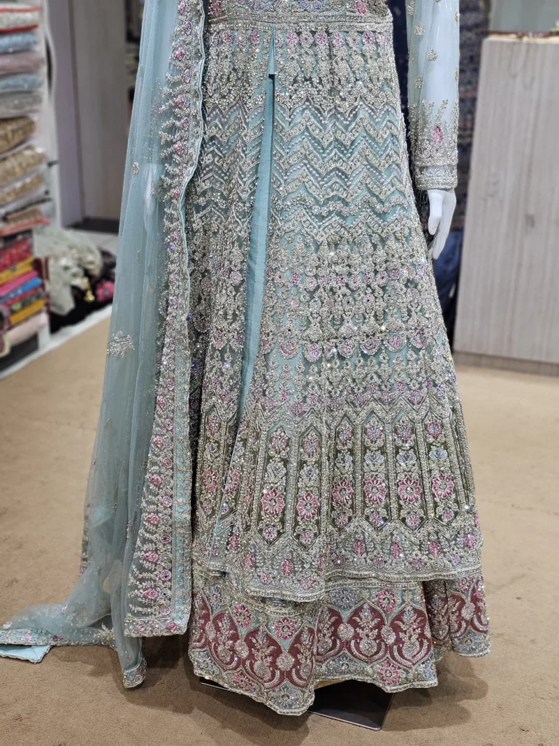 Aqua Sky Blue Net Fabric Heavy Multi-Colored Embroidered Indo-Western Bridal Gown PB-1201 - Patel Brothers NX 5