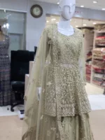 Gold Peplum Style Net Fabric Zari Embroidered Indo-Western Bridal Gown - Patel Brothers NX 8