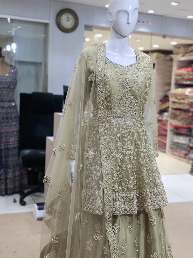 Gold Peplum Style Net Fabric Zari Embroidered Indo-Western Bridal Gown - Patel Brothers NX 4