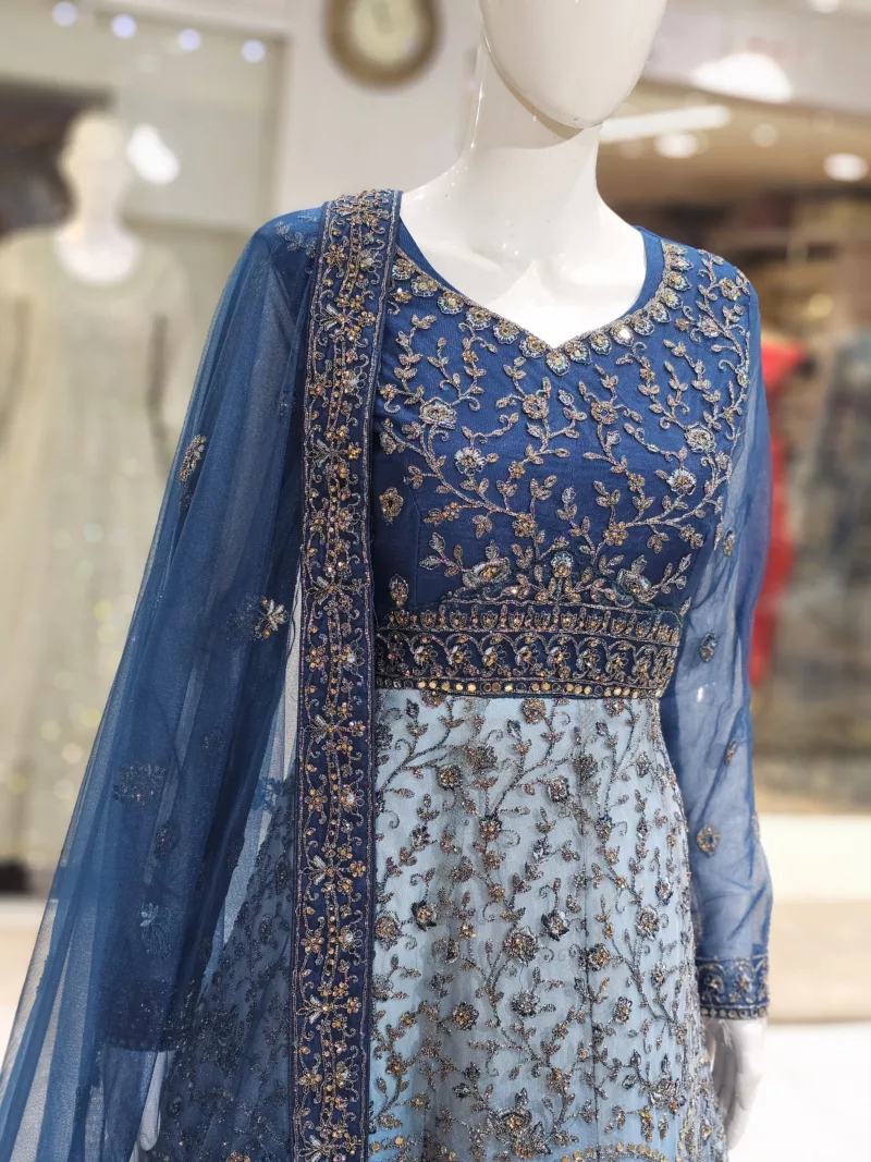 Royal Blue Shaded Net Zari Thread Embroidered Bridal Gown with 3-Layer Frill PB-1247 - Patel Brothers NX 6