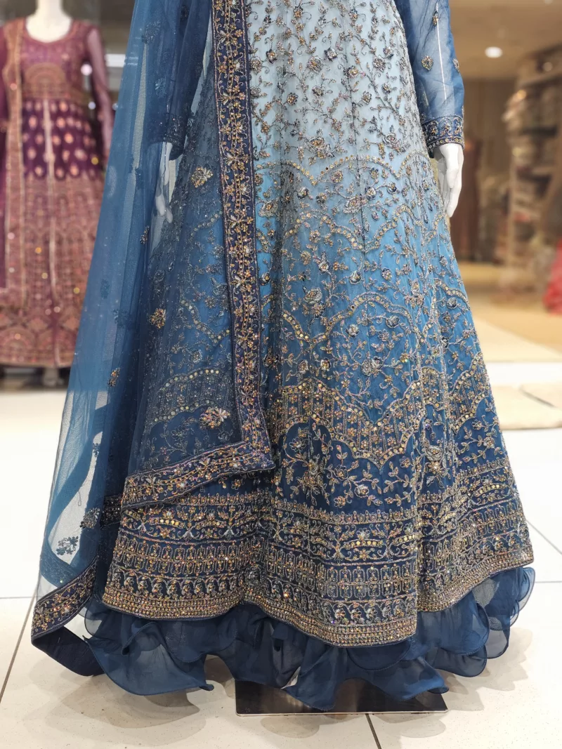 Royal Blue Shaded Net Zari Thread Embroidered Bridal Gown with 3-Layer Frill PB-1247 - Patel Brothers NX 5