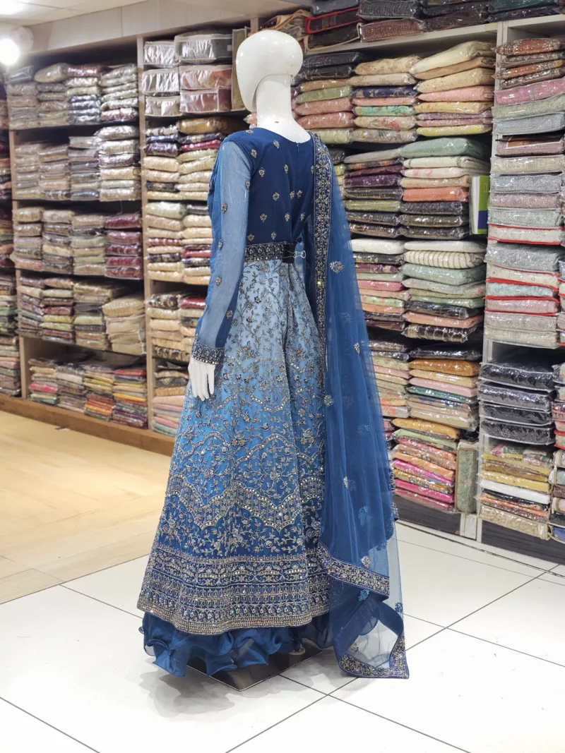 Royal Blue Shaded Net Zari Thread Embroidered Bridal Gown with 3-Layer Frill PB-1247 - Patel Brothers NX 4