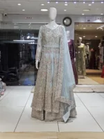 Light Sky Blue Net Fabric Heavy Multi-Colored Embroidered Indo-Western Bridal Gown - Patel Brothers NX 7